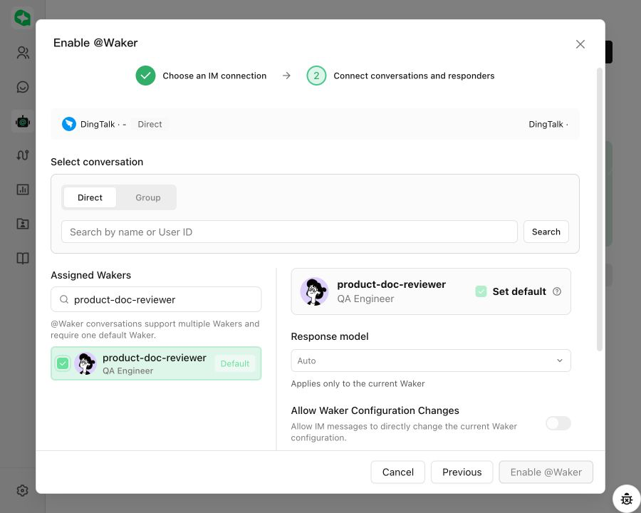Configure a conversation and its assigned Wakers