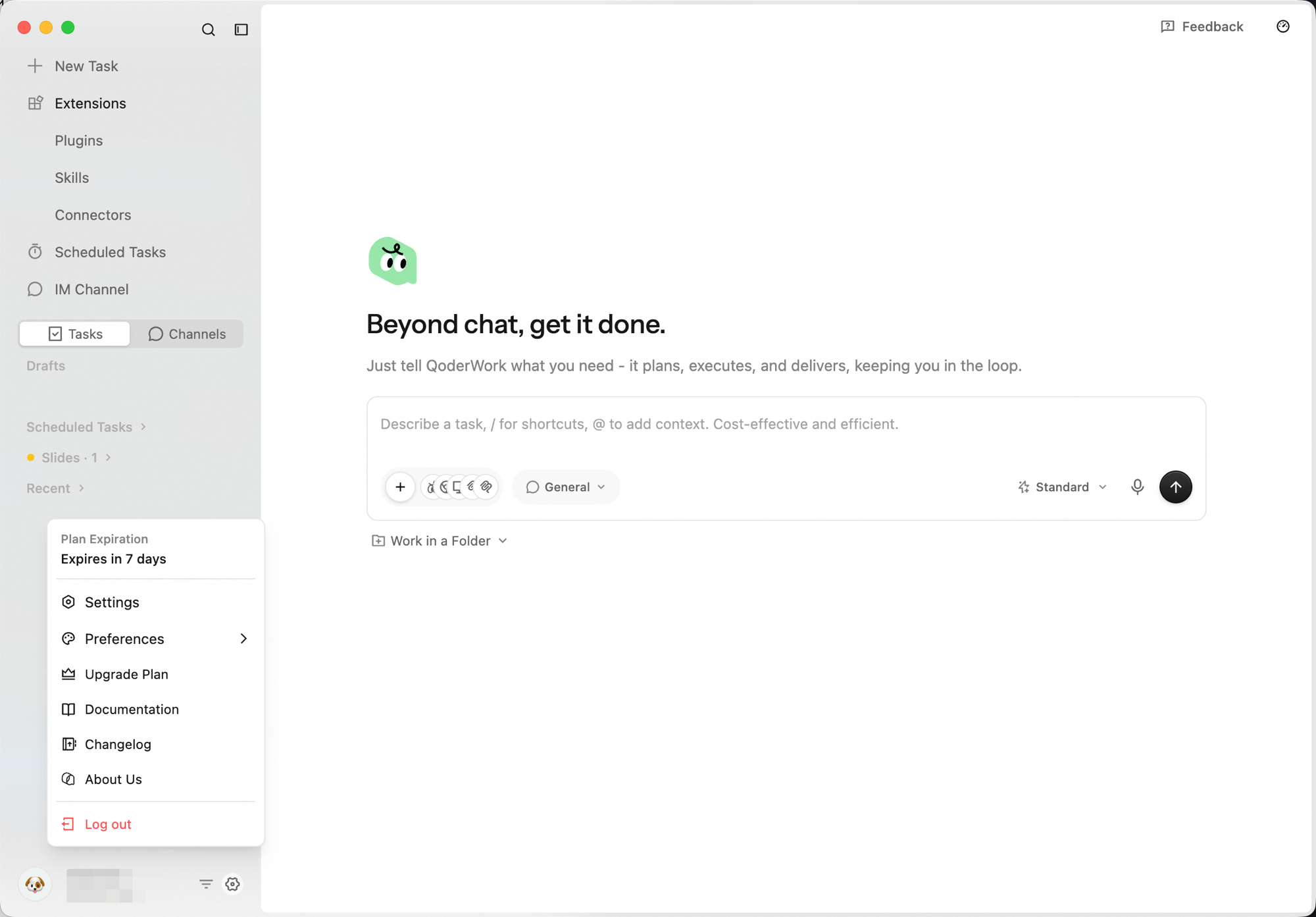 Account avatar popup menu showing Plan Expiration, Settings, Preferences, Upgrade Plan, Documentation, Changelog, About Us, and Log out
