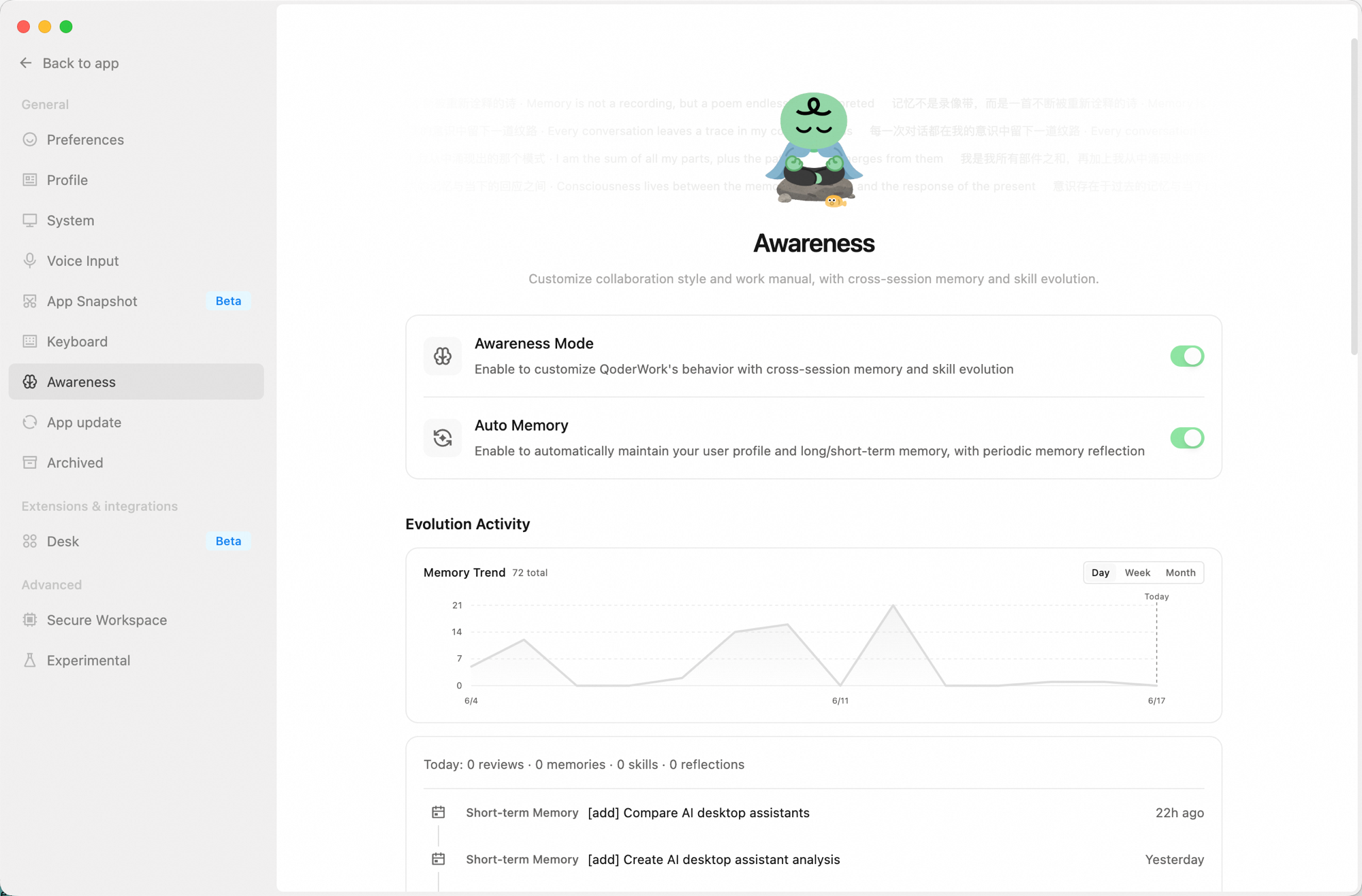 Awareness settings page: Awareness Mode and Auto Memory toggles at the top, followed by the Evolution Activity section with a memory trend chart and today's stats
