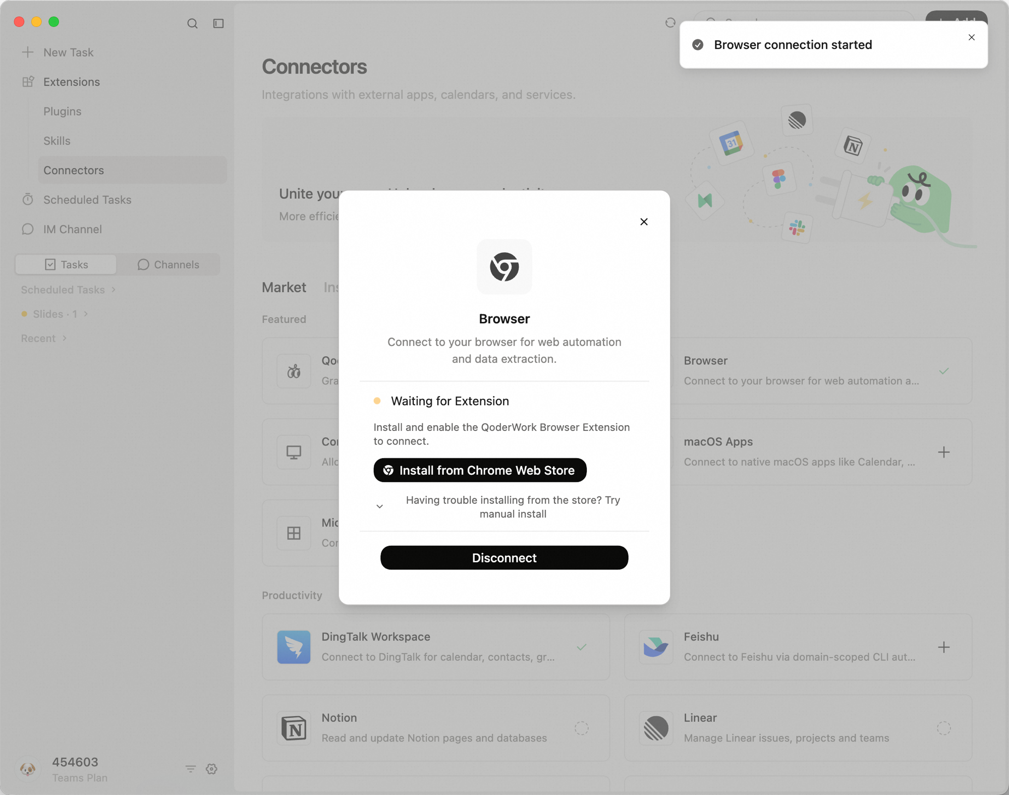 Browser connector dialog showing "Waiting for Extension" status and "Install from Chrome Web Store" button, with "Browser connection started" notification in the top-right corner