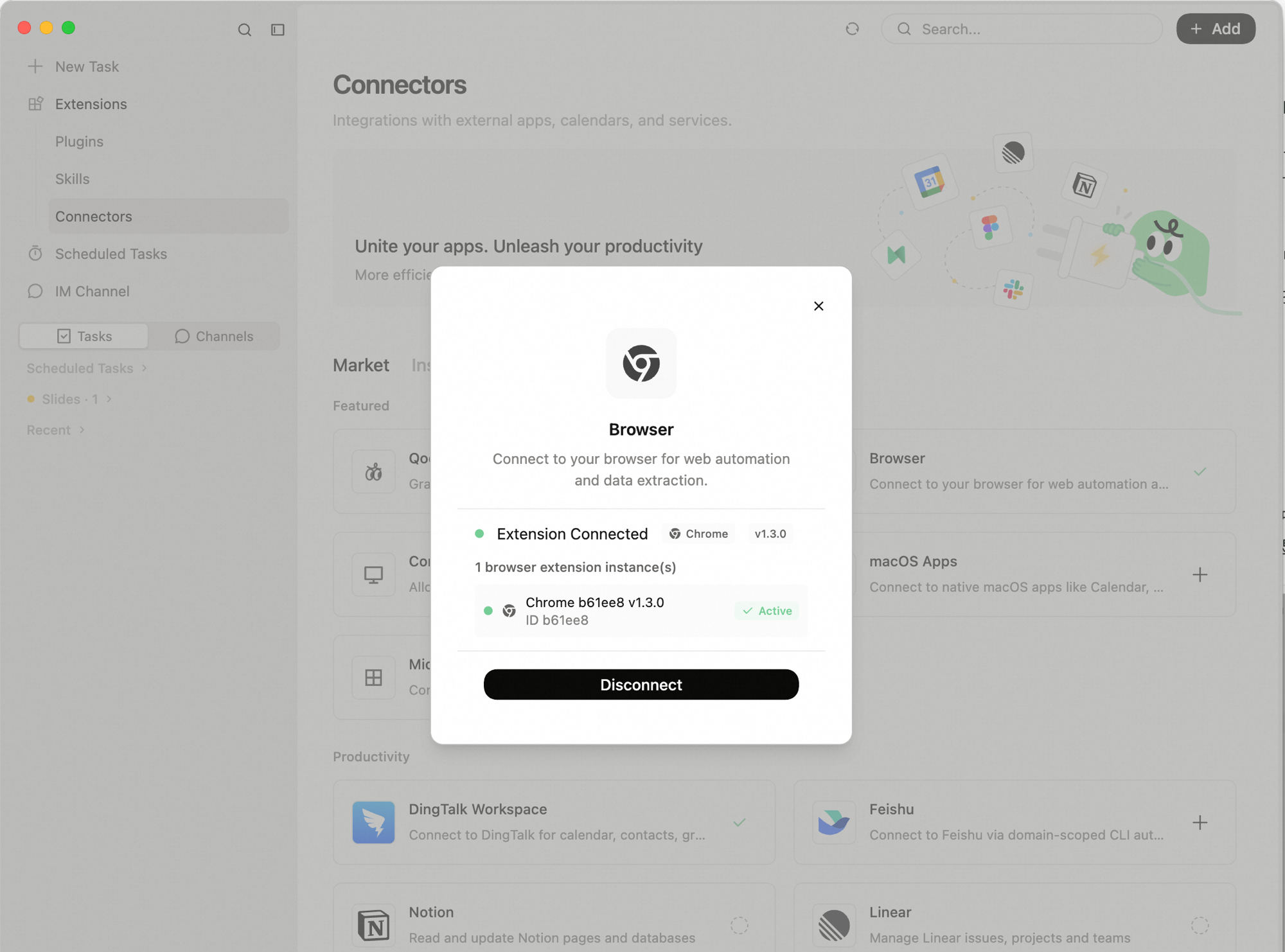 Browser connector dialog showing "Extension Connected" status with Chrome v1.3.0 instance marked as Active