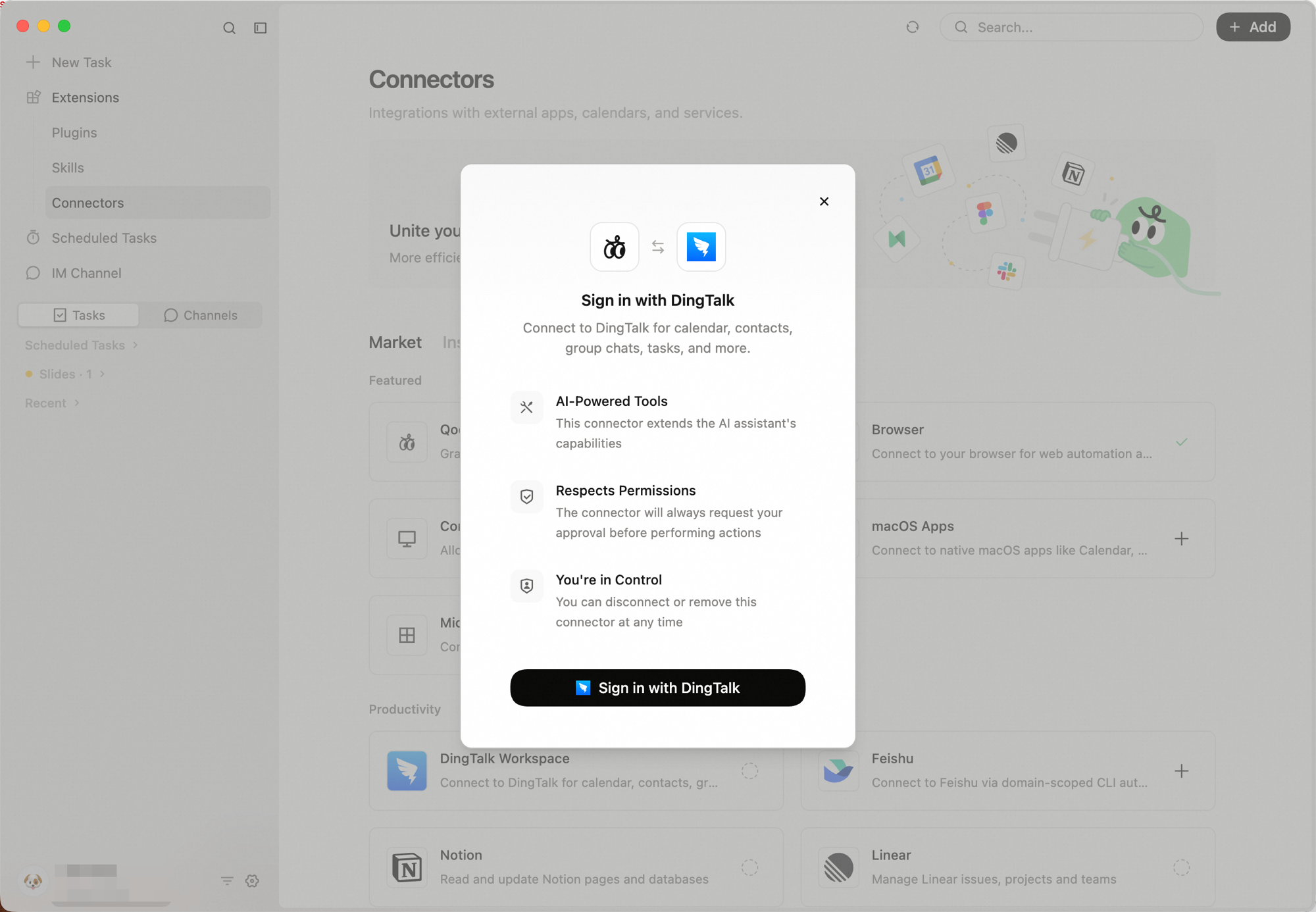 Sign in with DingTalk dialog showing AI-Powered Tools, Respects Permissions, and You're in Control, with a Sign in with DingTalk button at the bottom