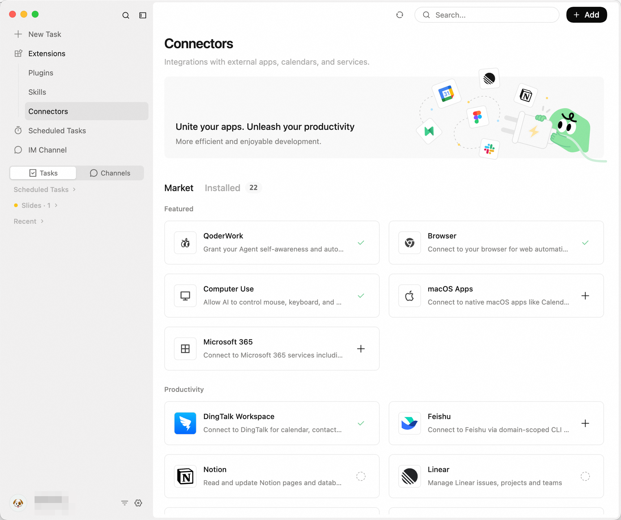 QoderWork Connectors page showing the connector marketplace with Featured section (Browser, Computer Use, macOS Apps, Microsoft 365) and Productivity section (DingTalk, Feishu, Notion, Linear)