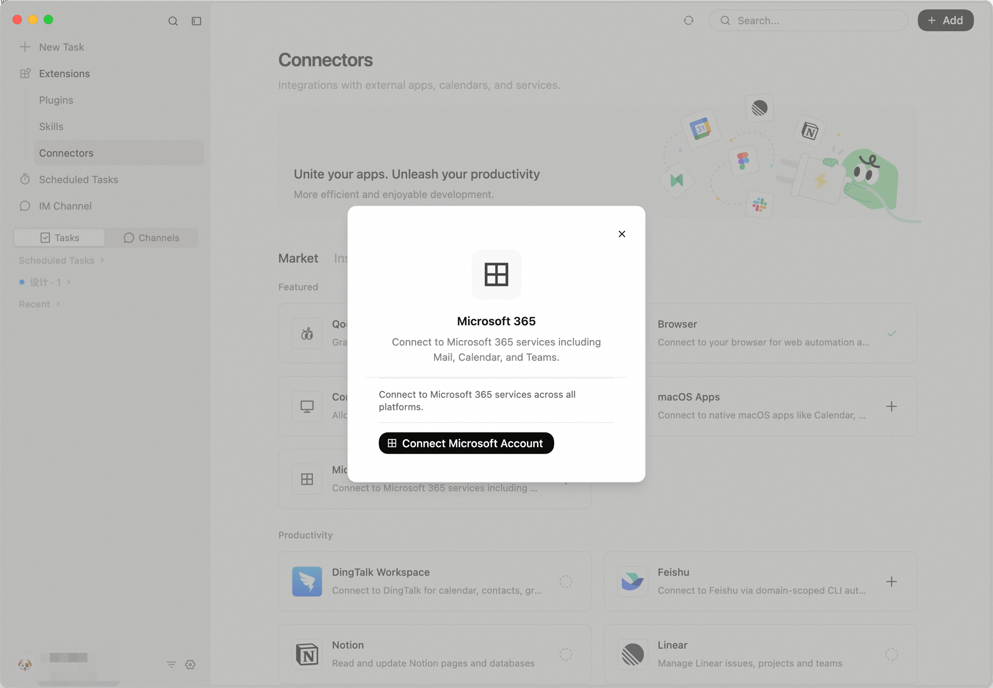Microsoft 365 connector dialog showing connection to Mail, Calendar, and Teams services, with a Connect Microsoft Account button