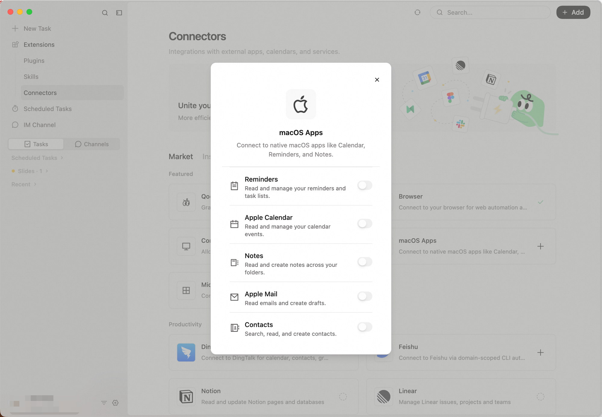 macOS Apps connector dialog showing Reminders, Apple Calendar, Notes, Apple Mail, and Contacts — each with an individual toggle