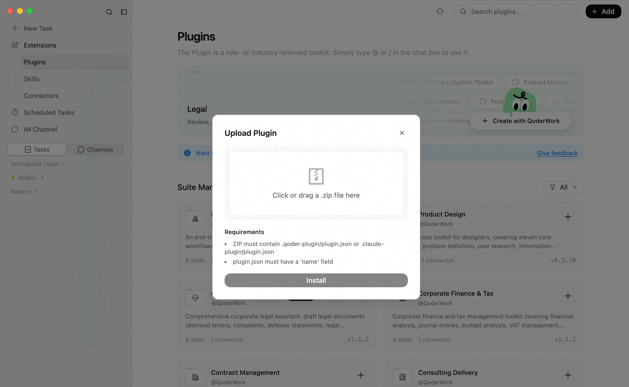 Upload Plugin dialog: the drop zone reads "Click or drag a .zip file here", requirements are listed below, and the Install button is at the bottom