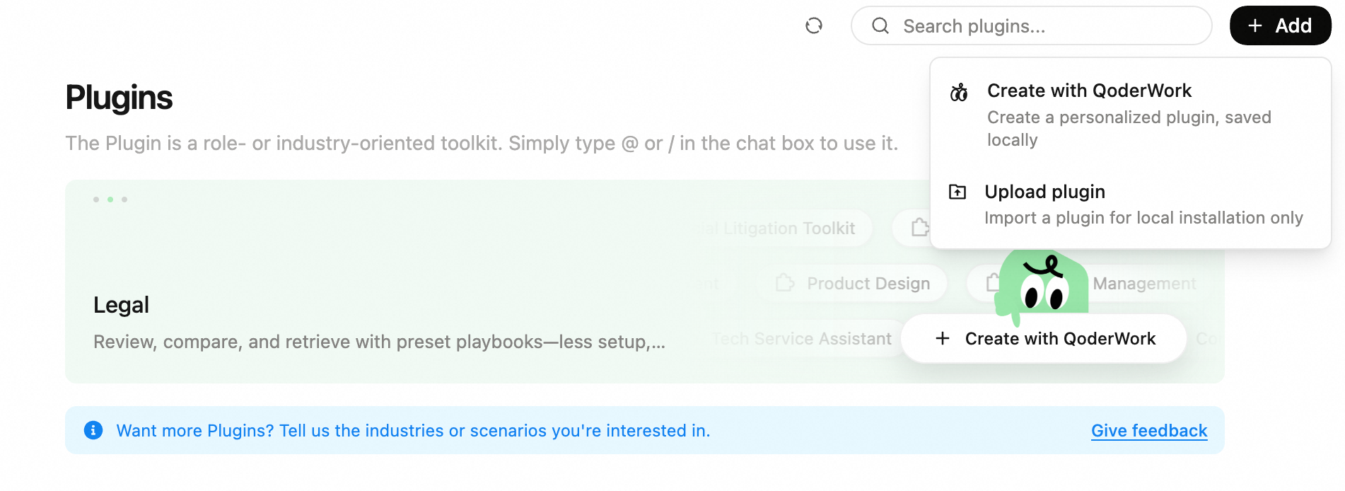 Expert Kits page "+ Add" menu expanded, showing "Create with QoderWork" and "Upload plugin" options