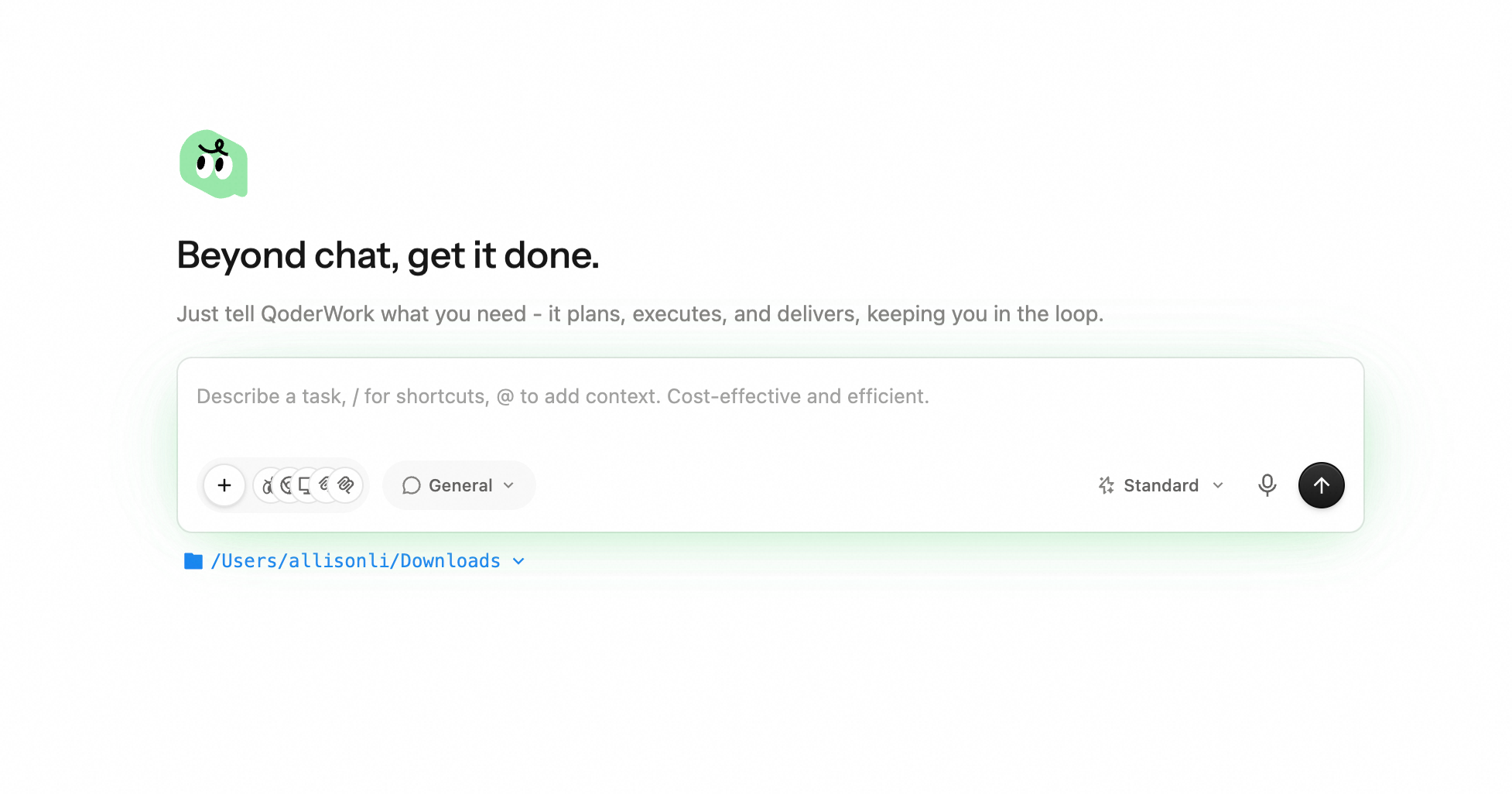 QoderWork empty-state screen with the selected working folder path /Users/allisonli/Downloads shown below the input box