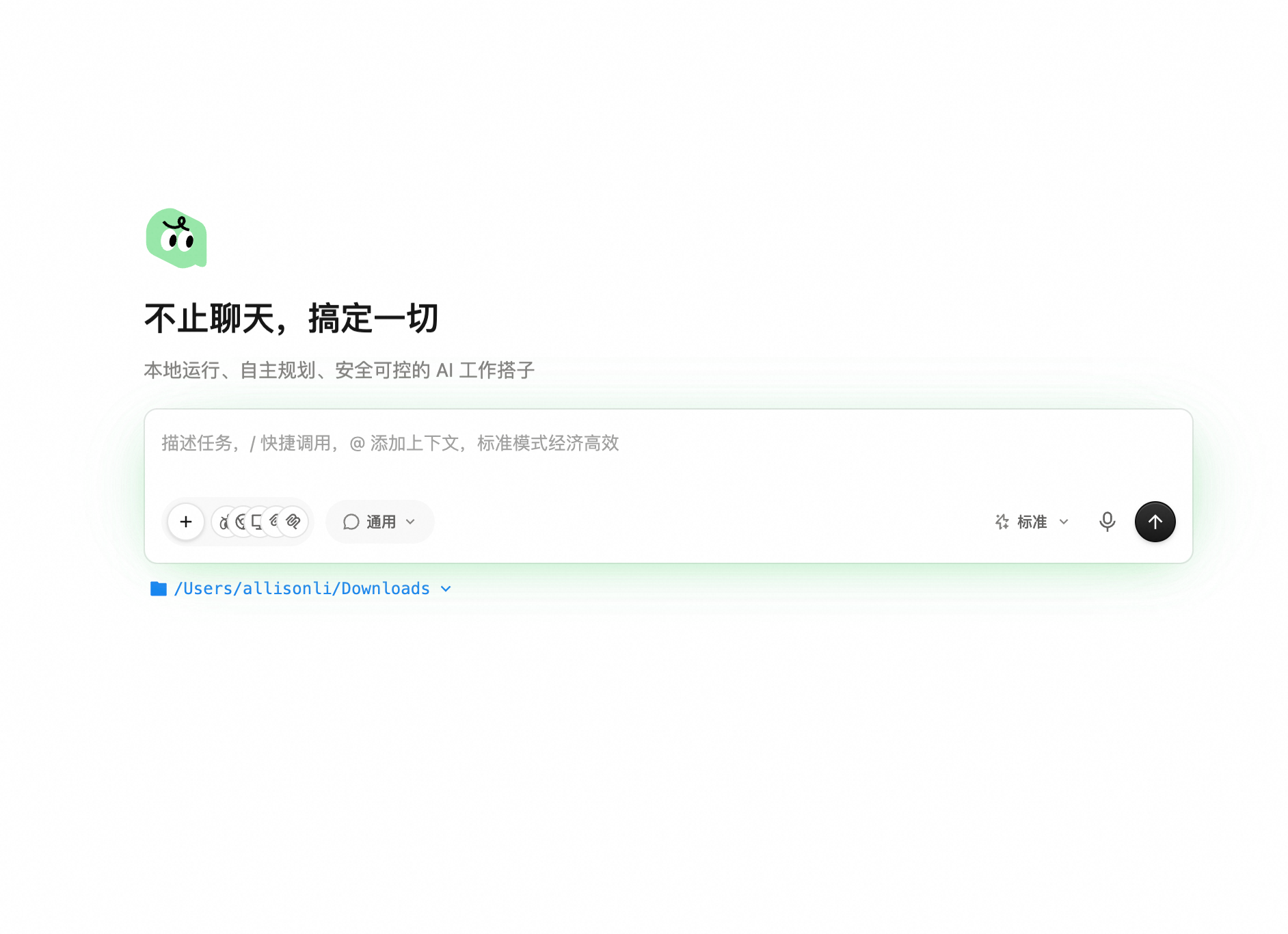QoderWork 空状态界面，输入框下方显示已选中的工作目录路径 /Users/allisonli/Downloads