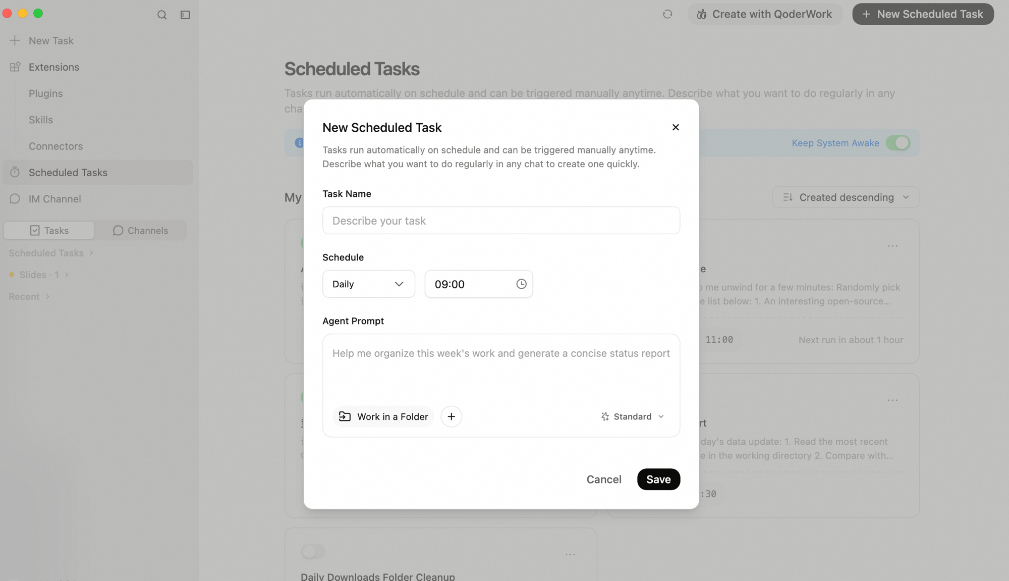 New Scheduled Task dialog with Task Name, Schedule (frequency and time), Agent Prompt fields, and Work in a Folder / model options at the bottom