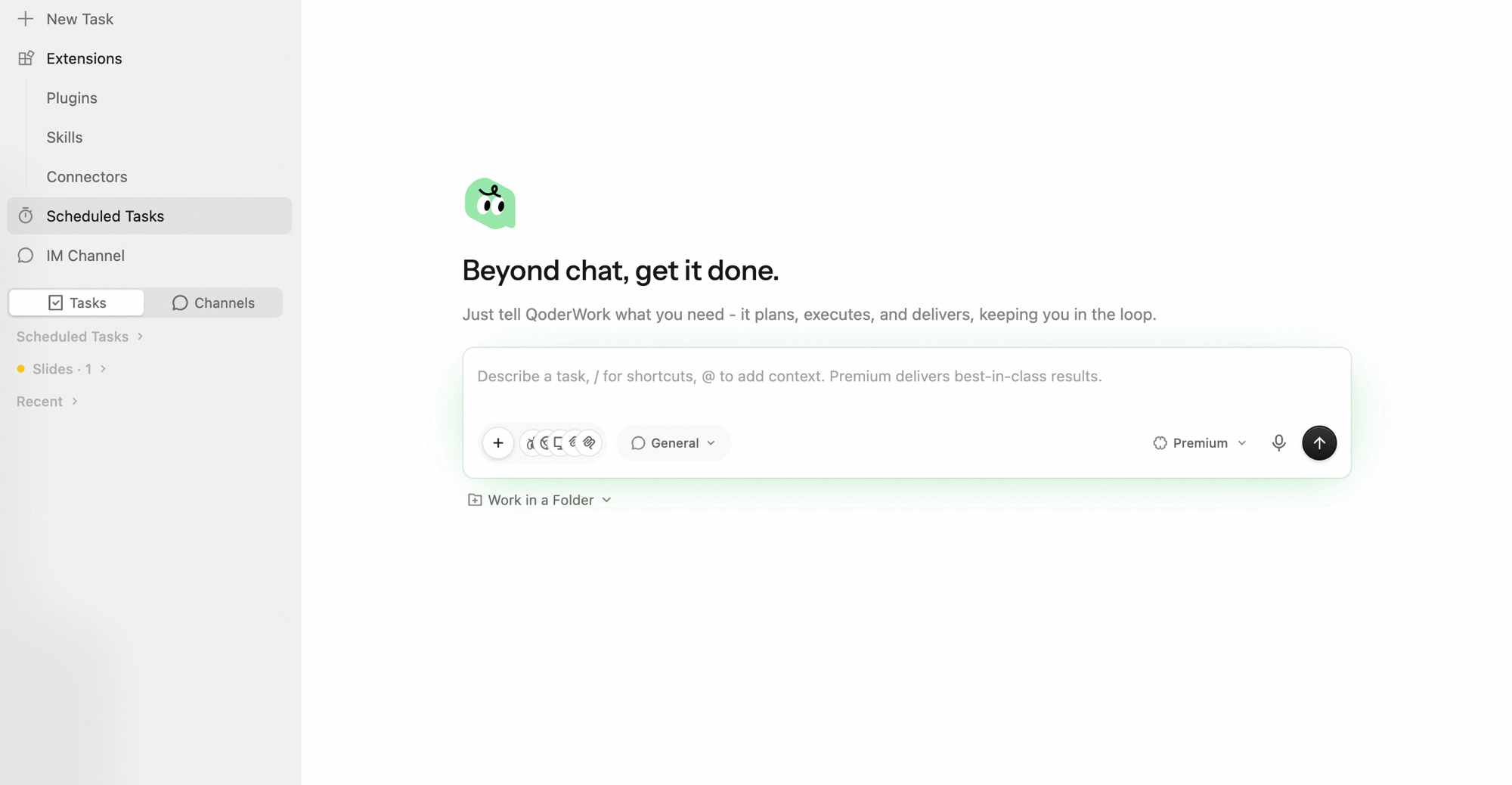 QoderWork sidebar with Scheduled Tasks highlighted and existing task groups listed below
