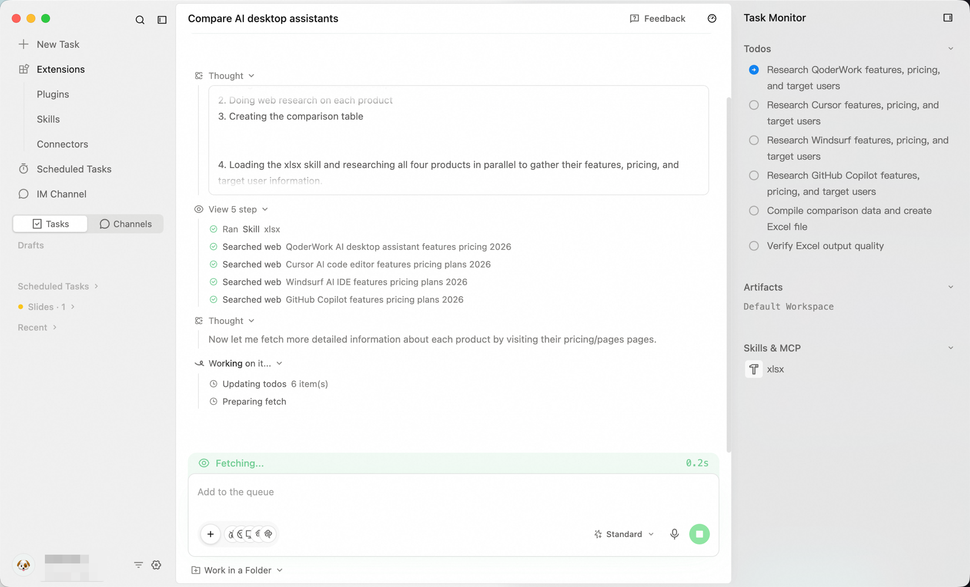 Task Monitor on the right showing the to-do plan, artifacts, and Skills & MCP for an AI desktop assistant research task