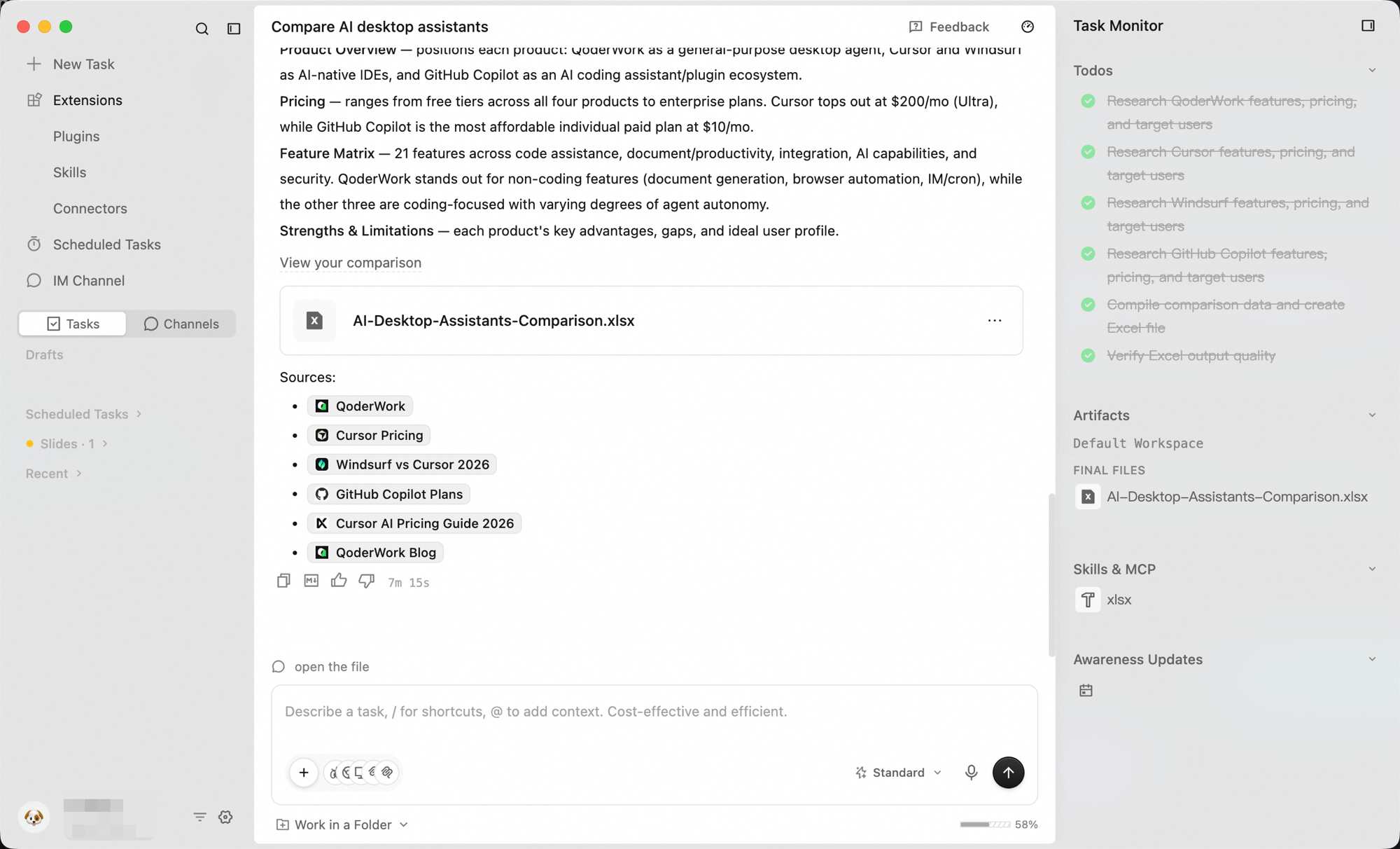 Completed task showing the comparison summary, an AI-Desktop-Assistants-Comparison.xlsx artifact card, and source links in the conversation
