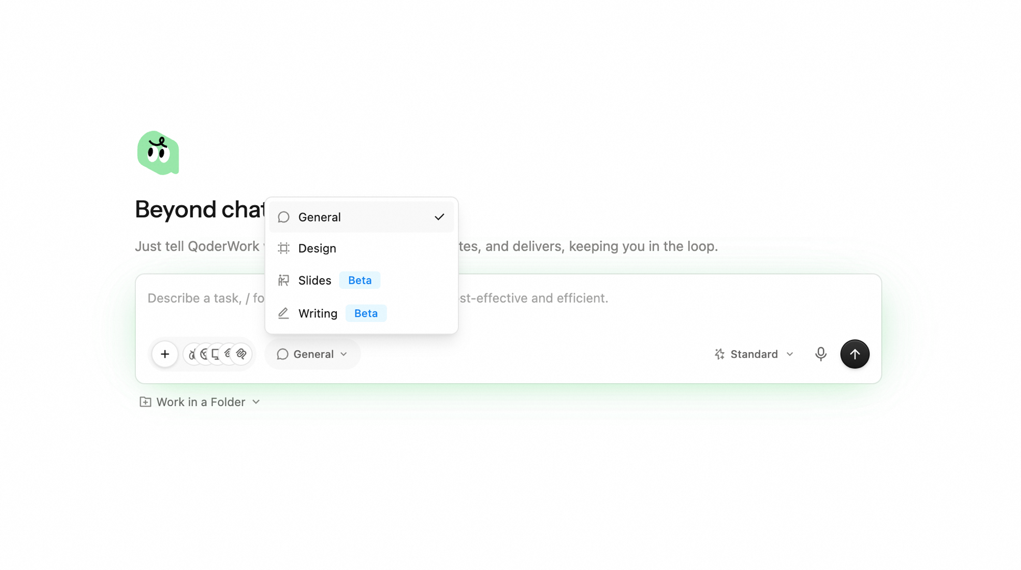 Workspace picker menu with General, Design, Slides (Beta), and Writing (Beta) options